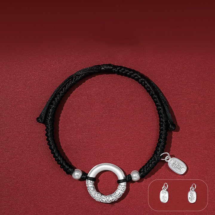 Bransoletka z Buddha Stones 925 Srebro Sterling Czarny Onyks Klamra Pokoju Fu Charakter