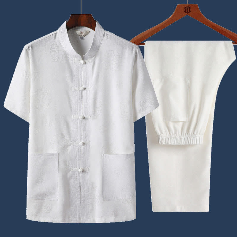 Buddha Stones 2 szt. Żaba-guzik Fu Charakter Smok Bambus Liść Krótki Rękaw Koszula Spodnie Męski Zestaw - Biały - Smok - US/UK/AU46， EU56 (4XL) - image 8