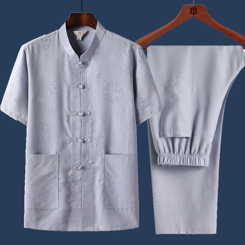 Buddha Stones 2 szt. Żaba-guzik Fu Charakter Smok Bambus Liść Krótki Rękaw Koszula Spodnie Męski Zestaw - Jasnoniebieski - Smok - US/UK/AU46， EU56 (4XL) - image 3