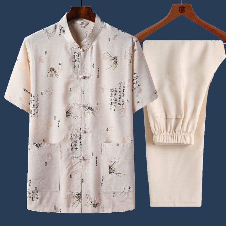 Buddha Stones 2 szt. Żaba-guzik Fu Charakter Smok Bambus Liść Krótki Rękaw Koszula Spodnie Męski Zestaw - Jasnożółty - Liść bambusa - US/UK/AU46， EU56 (4XL) - image 10