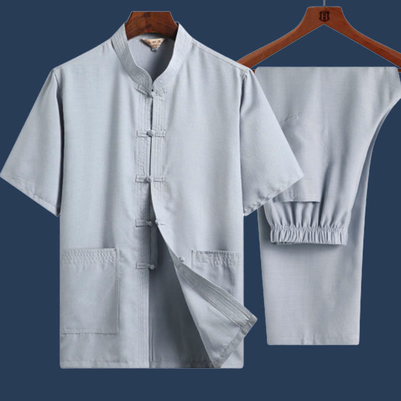 Buddha Stones 2 szt. Żaba-guzik Fu Charakter Smok Bambus Liść Krótki Rękaw Koszula Spodnie Męski Zestaw - Jasnoniebieski - Kolor jednolity - US/UK/AU46， EU56 (4XL) - image 13