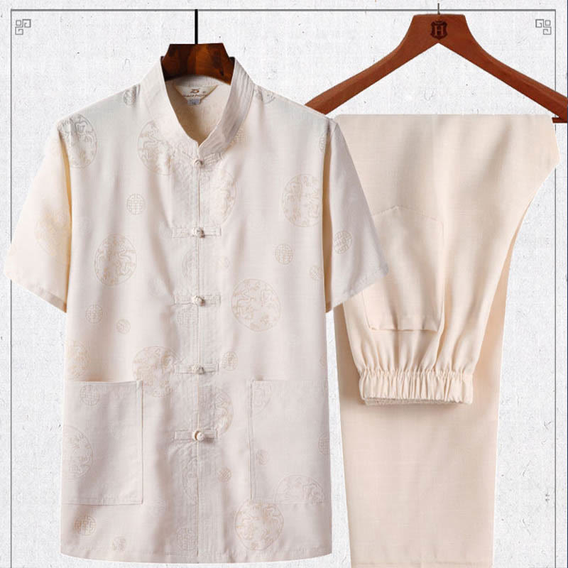 Buddha Stones 2 szt. Żaba-guzik Fu Charakter Smok Bambus Liść Krótki Rękaw Koszula Spodnie Męski Zestaw - Jasnożółty - Smok - US/UK/AU46， EU56 (4XL) - image 4