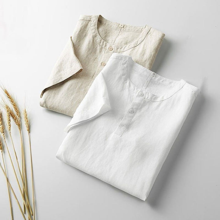 Koszula męska z krótkim rękawem i bawełniano-lniana w jednolitym kolorze z Buddha Stones - image 1