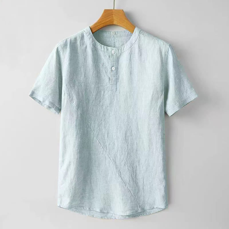 Koszula męska z krótkim rękawem i bawełniano-lniana w jednolitym kolorze z Buddha Stones - PowderBlue - US/UK/AU48， EU58 (4XL) - image 9