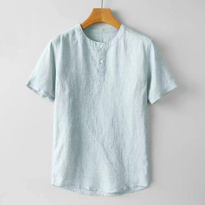 Koszula męska z krótkim rękawem i bawełniano-lniana w jednolitym kolorze z Buddha Stones - PowderBlue - US/UK/AU48， EU58 (4XL) - image 9