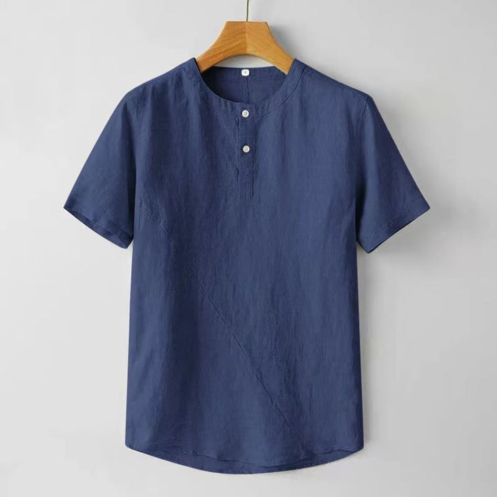 Koszula męska z krótkim rękawem i bawełniano-lniana w jednolitym kolorze z Buddha Stones - Stalowoniebieski - US/UK/AU48， EU58 (4XL) - image 12