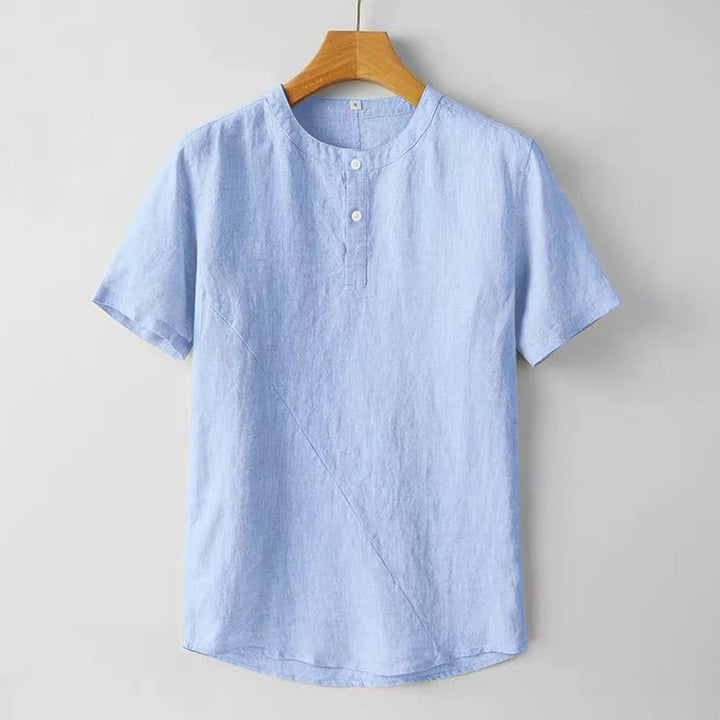 Koszula męska z krótkim rękawem i bawełniano-lniana w jednolitym kolorze z Buddha Stones - LightSkyBlue - US/UK/AU48， EU58 (4XL) - image 8