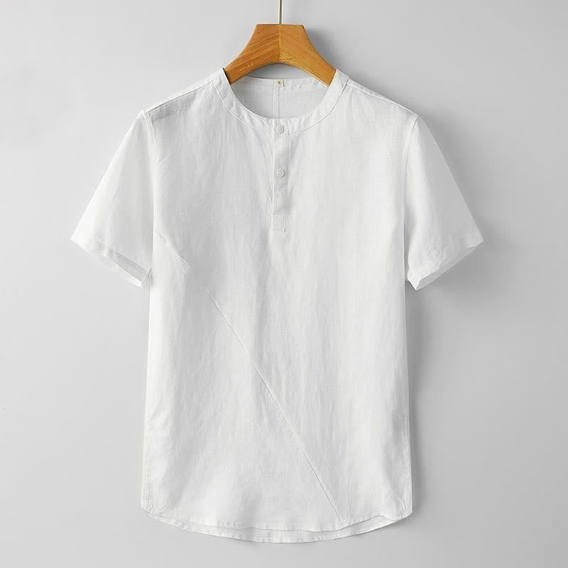 Koszula męska z krótkim rękawem i bawełniano-lniana w jednolitym kolorze z Buddha Stones - Biały - US/UK/AU48， EU58 (4XL) - image 5