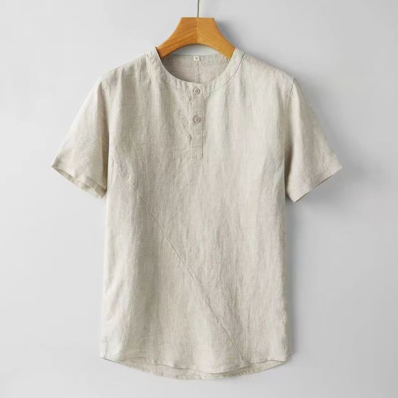 Koszula męska z krótkim rękawem i bawełniano-lniana w jednolitym kolorze z Buddha Stones - Bielizna - US/UK/AU48， EU58 (4XL) - image 1
