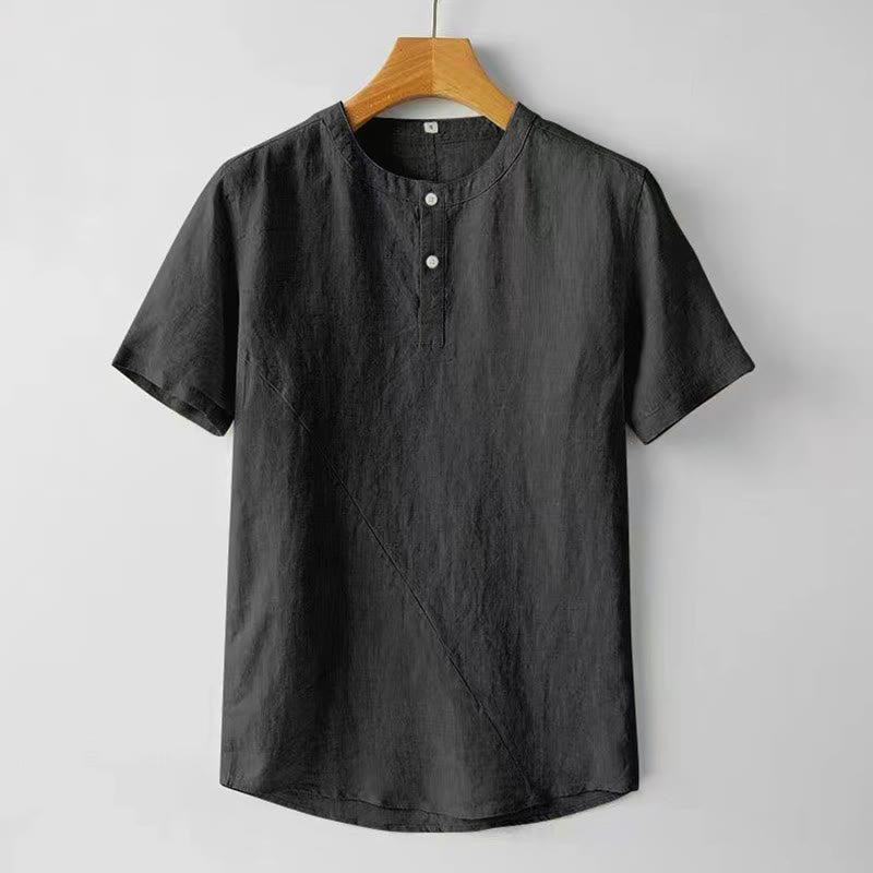 Koszula męska z krótkim rękawem i bawełniano-lniana w jednolitym kolorze z Buddha Stones - Czarny - US/UK/AU48， EU58 (4XL) - image 8