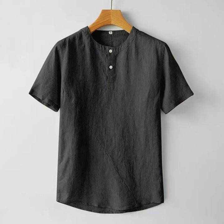 Koszula męska z krótkim rękawem i bawełniano-lniana w jednolitym kolorze z Buddha Stones - Czarny - US/UK/AU48， EU58 (4XL) - image 8