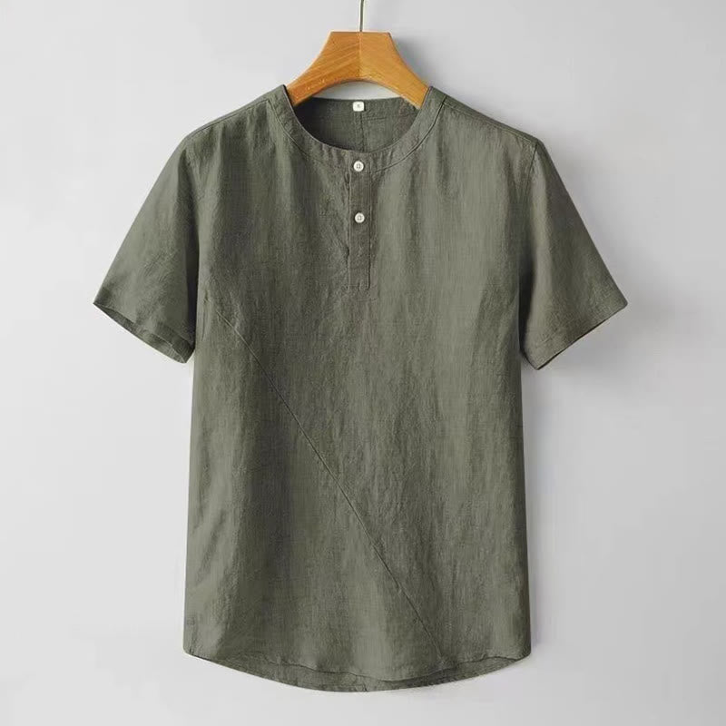 Koszula męska z krótkim rękawem i bawełniano-lniana w jednolitym kolorze z Buddha Stones - DarkSeaGreen - US/UK/AU48， EU58 (4XL) - image 11