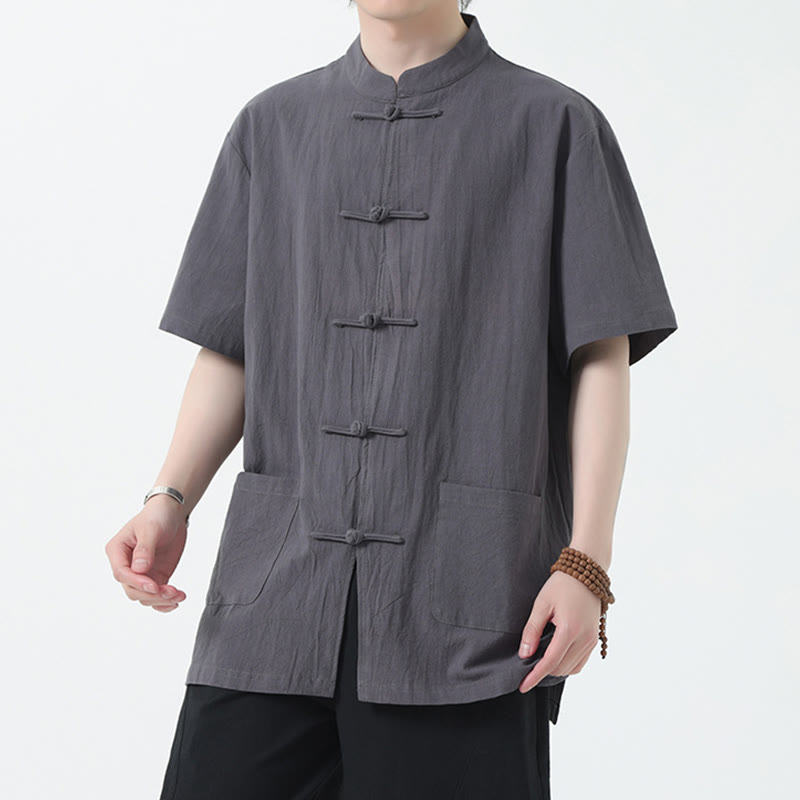 Kamienie Buddha Stones -Guzik Chiński Tang Suit Krótki Rękaw Koszula Lniana Męska Odzież Z Kieszeniami - Szary - US/UK/AU46， EU56 (5XL) - image 13