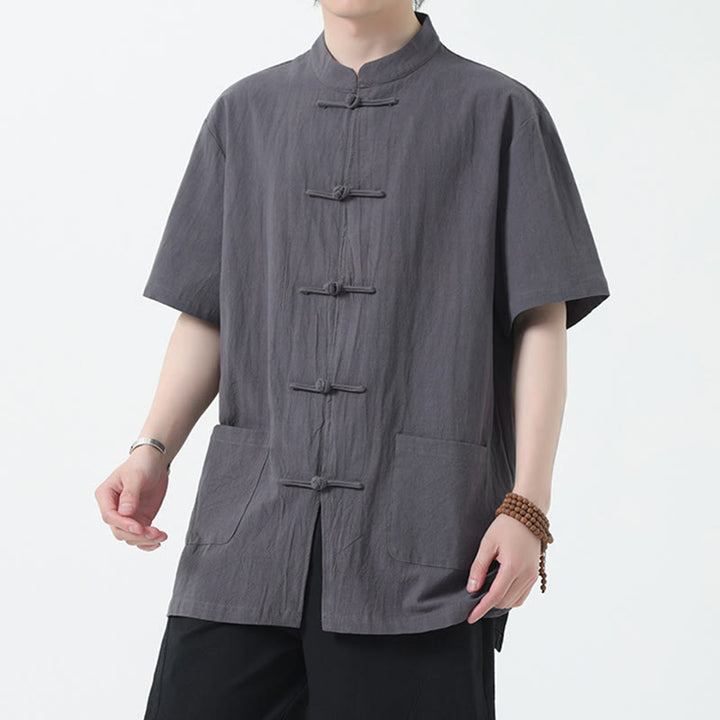 Kamienie Buddha Stones -Guzik Chiński Tang Suit Krótki Rękaw Koszula Lniana Męska Odzież Z Kieszeniami - Szary - US/UK/AU46， EU56 (5XL) - image 13