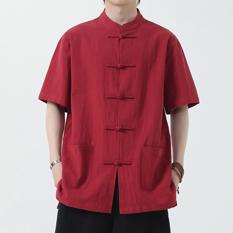 Kamienie Buddha Stones -Guzik Chiński Tang Suit Krótki Rękaw Koszula Lniana Męska Odzież Z Kieszeniami - Czerwony - US/UK/AU46， EU56 (5XL) - image 1