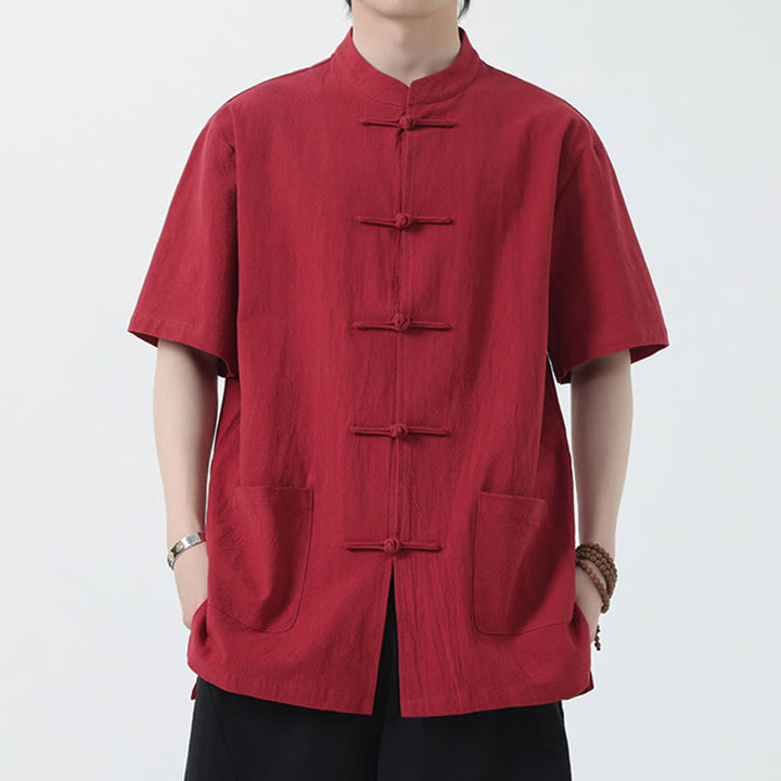 Kamienie Buddha Stones -Guzik Chiński Tang Suit Krótki Rękaw Koszula Lniana Męska Odzież Z Kieszeniami - Czerwony - US/UK/AU46， EU56 (5XL) - image 1
