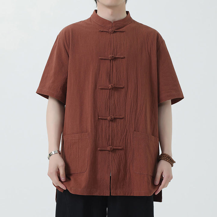 Kamienie Buddha Stones -Guzik Chiński Tang Suit Krótki Rękaw Koszula Lniana Męska Odzież Z Kieszeniami - Peru - US/UK/AU46， EU56 (5XL) - image 10