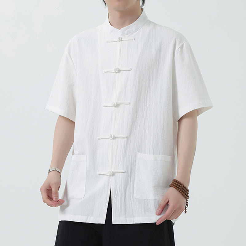 Kamienie Buddha Stones -Guzik Chiński Tang Suit Krótki Rękaw Koszula Lniana Męska Odzież Z Kieszeniami - Biały - US/UK/AU46， EU56 (5XL) - image 0