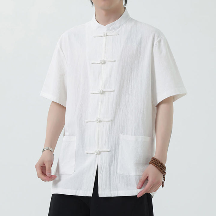 Kamienie Buddha Stones -Guzik Chiński Tang Suit Krótki Rękaw Koszula Lniana Męska Odzież Z Kieszeniami - Biały - US/UK/AU46， EU56 (5XL) - image 0