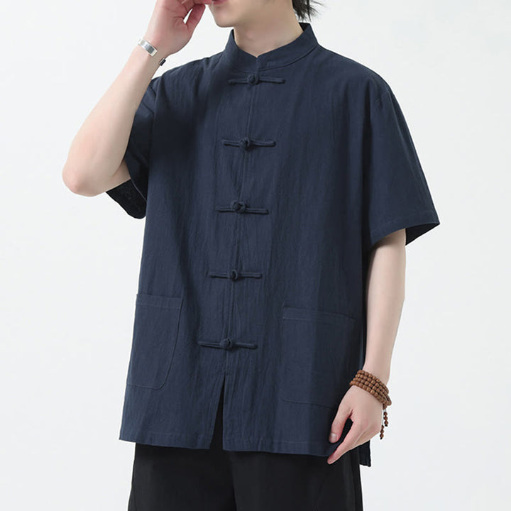 Kamienie Buddha Stones -Guzik Chiński Tang Suit Krótki Rękaw Koszula Lniana Męska Odzież Z Kieszeniami - Stalowoniebieski - US/UK/AU46， EU56 (5XL) - image 11