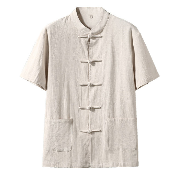 Kamienie Buddha Stones -Guzik Chiński Tang Suit Krótki Rękaw Koszula Lniana Męska Odzież Z Kieszeniami - Bielizna - US/UK/AU44，EU54 (5XL) - image 6