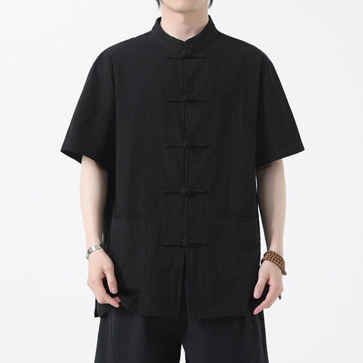 Kamienie Buddha Stones -Guzik Chiński Tang Suit Krótki Rękaw Koszula Lniana Męska Odzież Z Kieszeniami - Czarny - US/UK/AU46， EU56 (5XL) - image 3