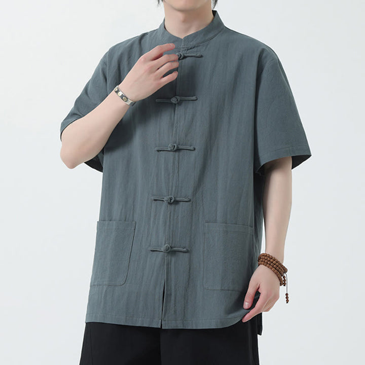 Kamienie Buddha Stones -Guzik Chiński Tang Suit Krótki Rękaw Koszula Lniana Męska Odzież Z Kieszeniami - LightSlateGray - US/UK/AU44，EU54 (5XL) - image 7