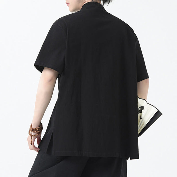 Kamienie Buddha Stones -Guzik Chiński Tang Suit Krótki Rękaw Koszula Lniana Męska Odzież Z Kieszeniami - image 4