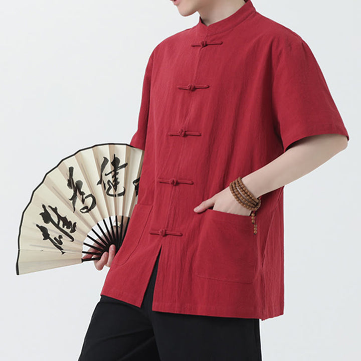 Kamienie Buddha Stones -Guzik Chiński Tang Suit Krótki Rękaw Koszula Lniana Męska Odzież Z Kieszeniami - image 2