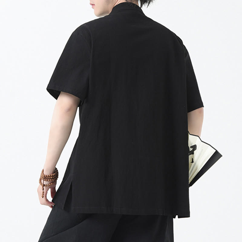 Kamienie Buddha Stones -Guzik Chiński Tang Suit Krótki Rękaw Koszula Lniana Męska Odzież Z Kieszeniami - image 4