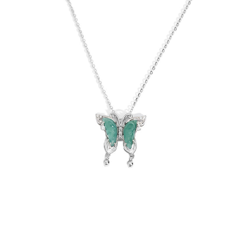 Buddha Stones 925 Srebro Sterling Zielony Jade Motyl Naszyjnik Szczęście Wisiorek