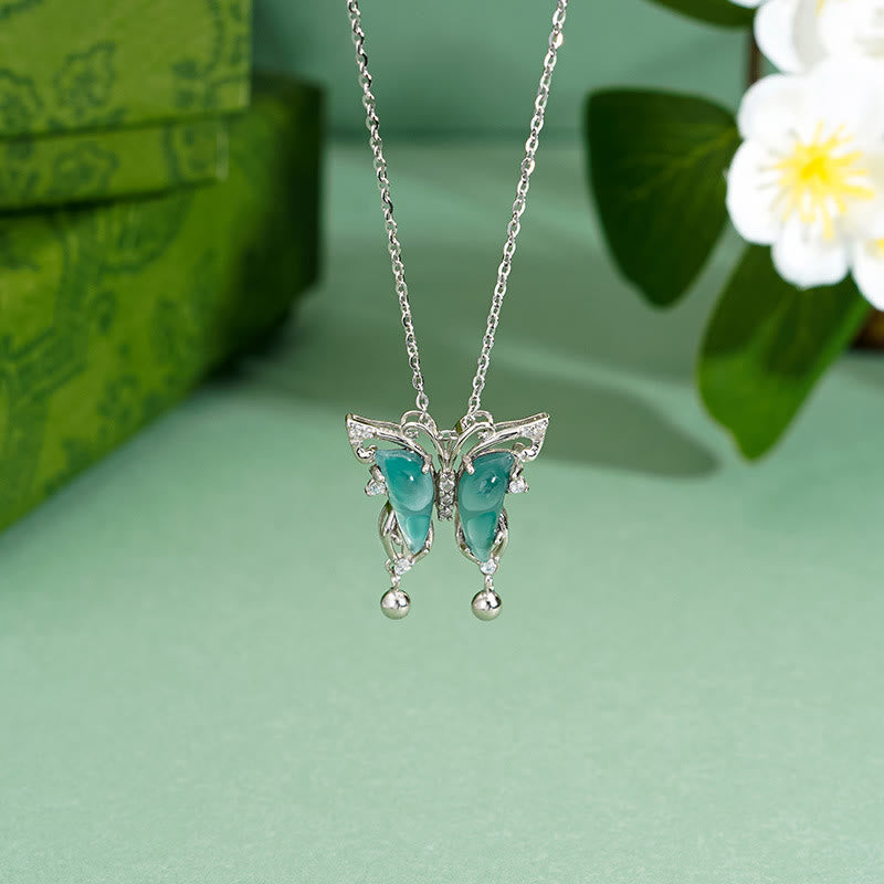 Buddha Stones 925 Srebro Sterling Zielony Jade Motyl Naszyjnik Szczęście Wisiorek