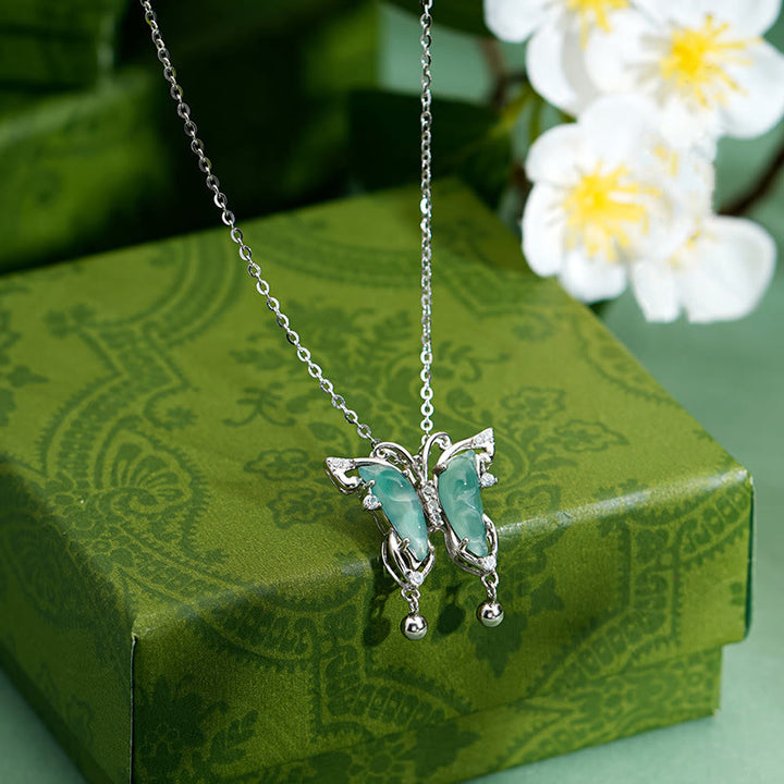 Buddha Stones 925 Srebro Sterling Zielony Jade Motyl Naszyjnik Szczęście Wisiorek