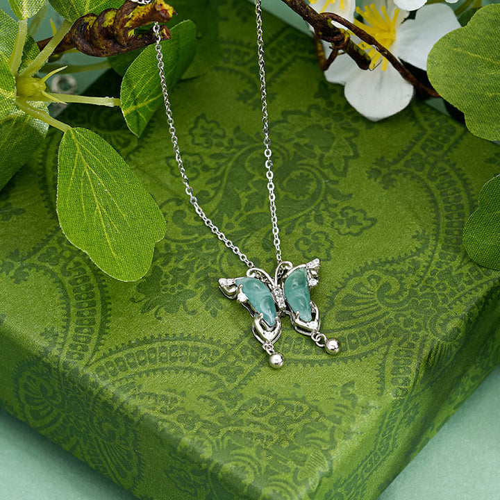 Buddha Stones 925 Srebro Sterling Zielony Jade Motyl Naszyjnik Szczęście Wisiorek