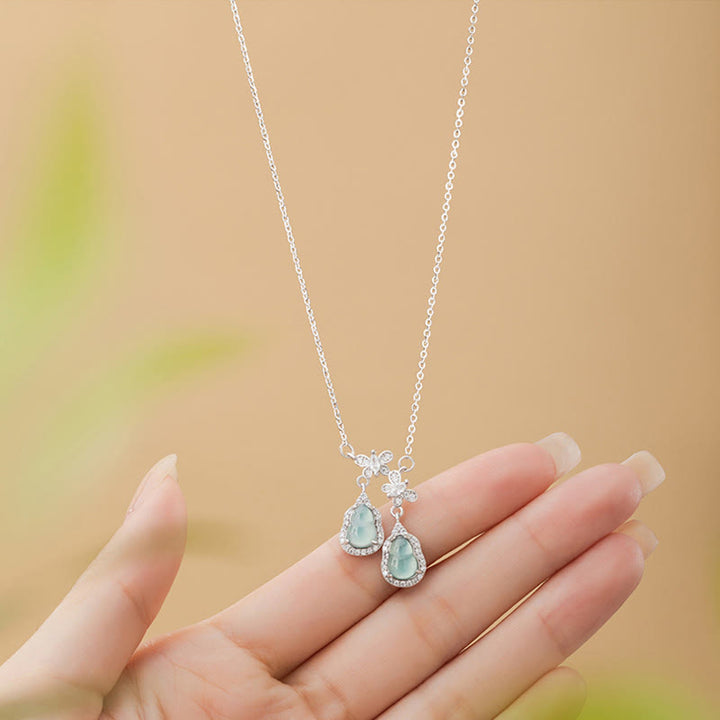 Buddha Stones 925 Srebro Sterlingowe Zielony Jade Podwójny Tykwa Motyl Naszyjnik Szczęścia Wisiorek