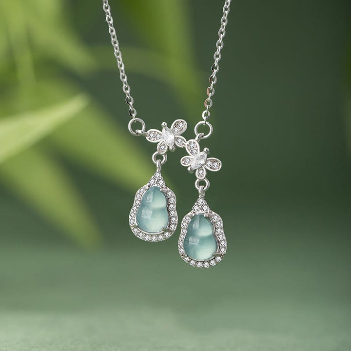 Buddha Stones 925 Srebro Sterlingowe Zielony Jade Podwójny Tykwa Motyl Naszyjnik Szczęścia Wisiorek