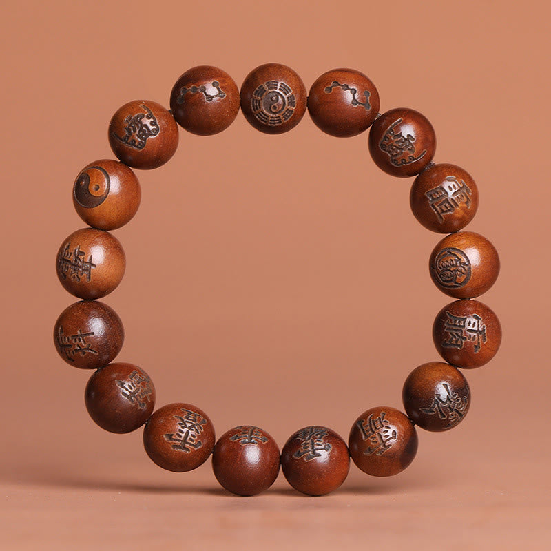 Buddha Stones Uderzone Piorunem Drewno Jujube Yin Yang Bagua Taoistyczne Taboo Znaki Grawerowana Bransoletka Ochronna - 12 mm (obwód nadgarstka 15-17 cm) - image 1
