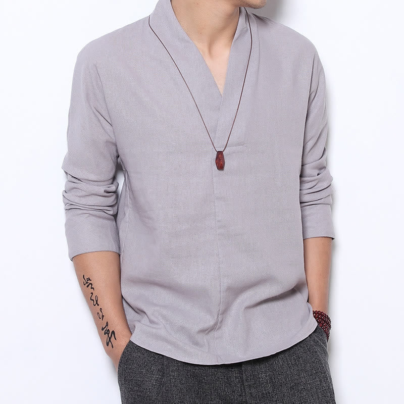 Koszula Buddha Stones Casual V-Neck Długi Rękaw Lniana Męska Odzież - Gainsboro - US/UK/AU46， EU56 (5XL) - image 1