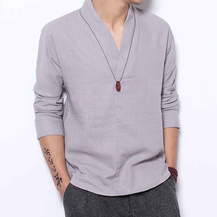 Koszula Buddha Stones Casual V-Neck Długi Rękaw Lniana Męska Odzież - Gainsboro - US/UK/AU46， EU56 (5XL) - image 1