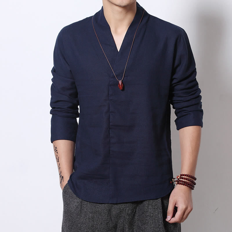 Koszula Buddha Stones Casual V-Neck Długi Rękaw Lniana Męska Odzież - Stalowoniebieski - US/UK/AU46， EU56 (5XL) - image 9