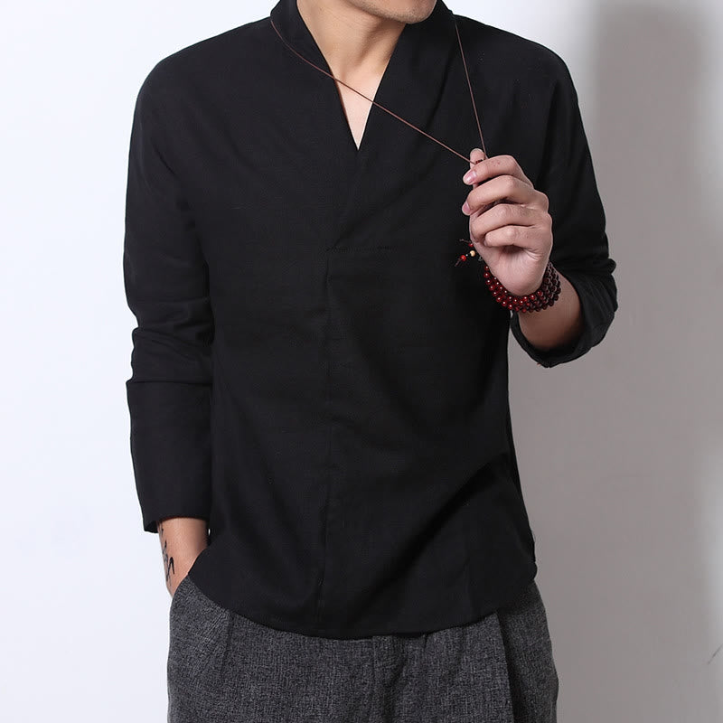 Koszula Buddha Stones Casual V-Neck Długi Rękaw Lniana Męska Odzież - image 8