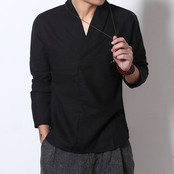 Koszula Buddha Stones Casual V-Neck Długi Rękaw Lniana Męska Odzież - image 8