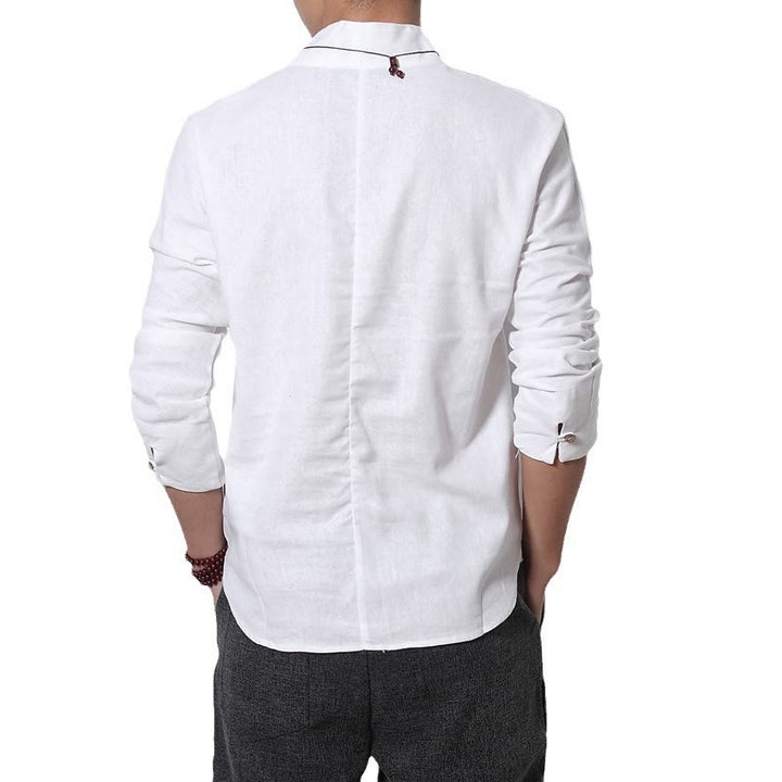 Koszula Buddha Stones Casual V-Neck Długi Rękaw Lniana Męska Odzież - image 4