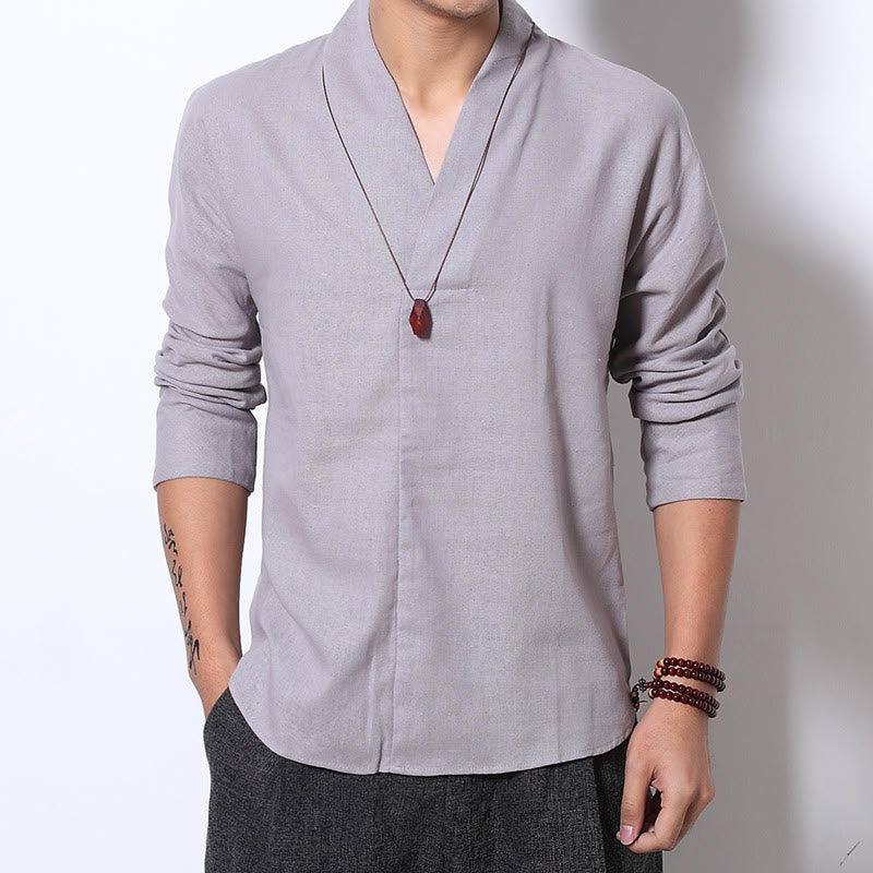 Koszula Buddha Stones Casual V-Neck Długi Rękaw Lniana Męska Odzież - image 2