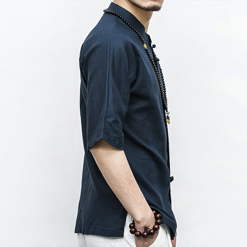 Buddha Stones Chiński Żaba-Guzik Tang Suit Zen Pół Rękaw Koszula Lniana Męska Odzież - image 3