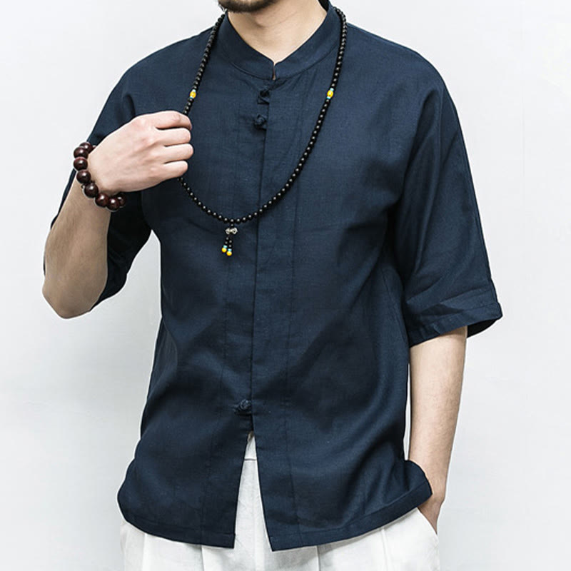 Buddha Stones Chiński Żaba-Guzik Tang Suit Zen Pół Rękaw Koszula Lniana Męska Odzież - image 1