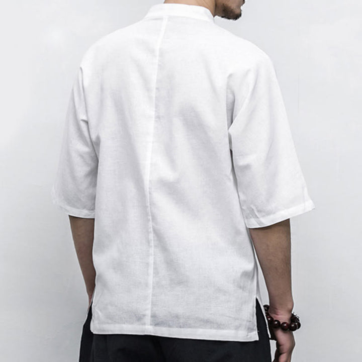 Buddha Stones Chiński Żaba-Guzik Tang Suit Zen Pół Rękaw Koszula Lniana Męska Odzież - image 9