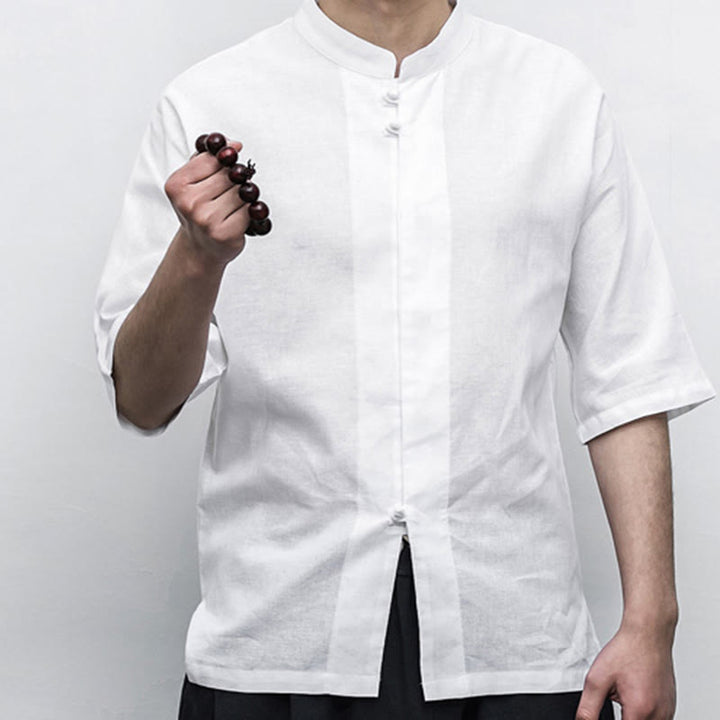 Buddha Stones Chiński Żaba-Guzik Tang Suit Zen Pół Rękaw Koszula Lniana Męska Odzież - image 11