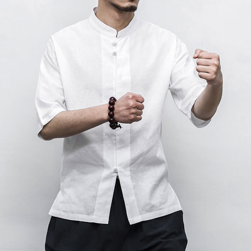 Buddha Stones Chiński Żaba-Guzik Tang Suit Zen Pół Rękaw Koszula Lniana Męska Odzież - image 10