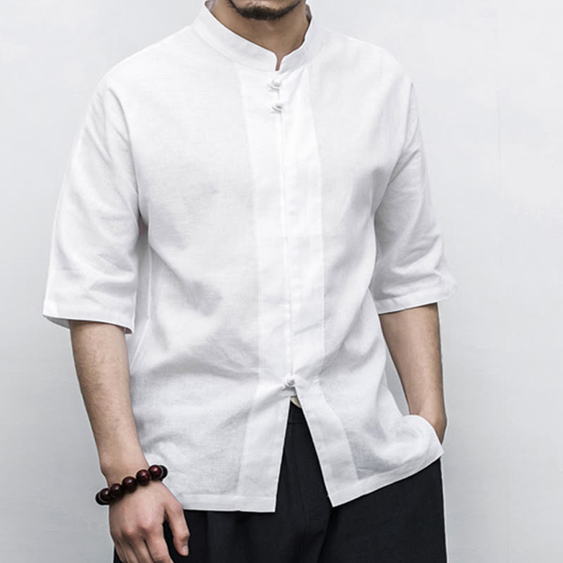 Buddha Stones Chiński Żaba-Guzik Tang Suit Zen Pół Rękaw Koszula Lniana Męska Odzież - image 8